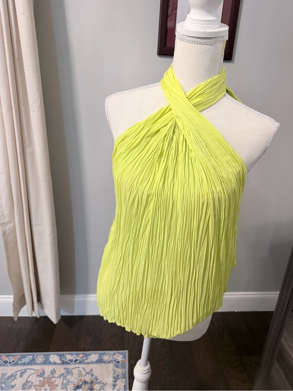 White House Black Market Neon Yellow Crisscross Halter Pleated Tank